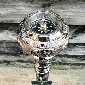 Find Your Way with Our Silver Working Compass Handled Foldable Black Wooden Walking Stick - Adjustable for All Sizes