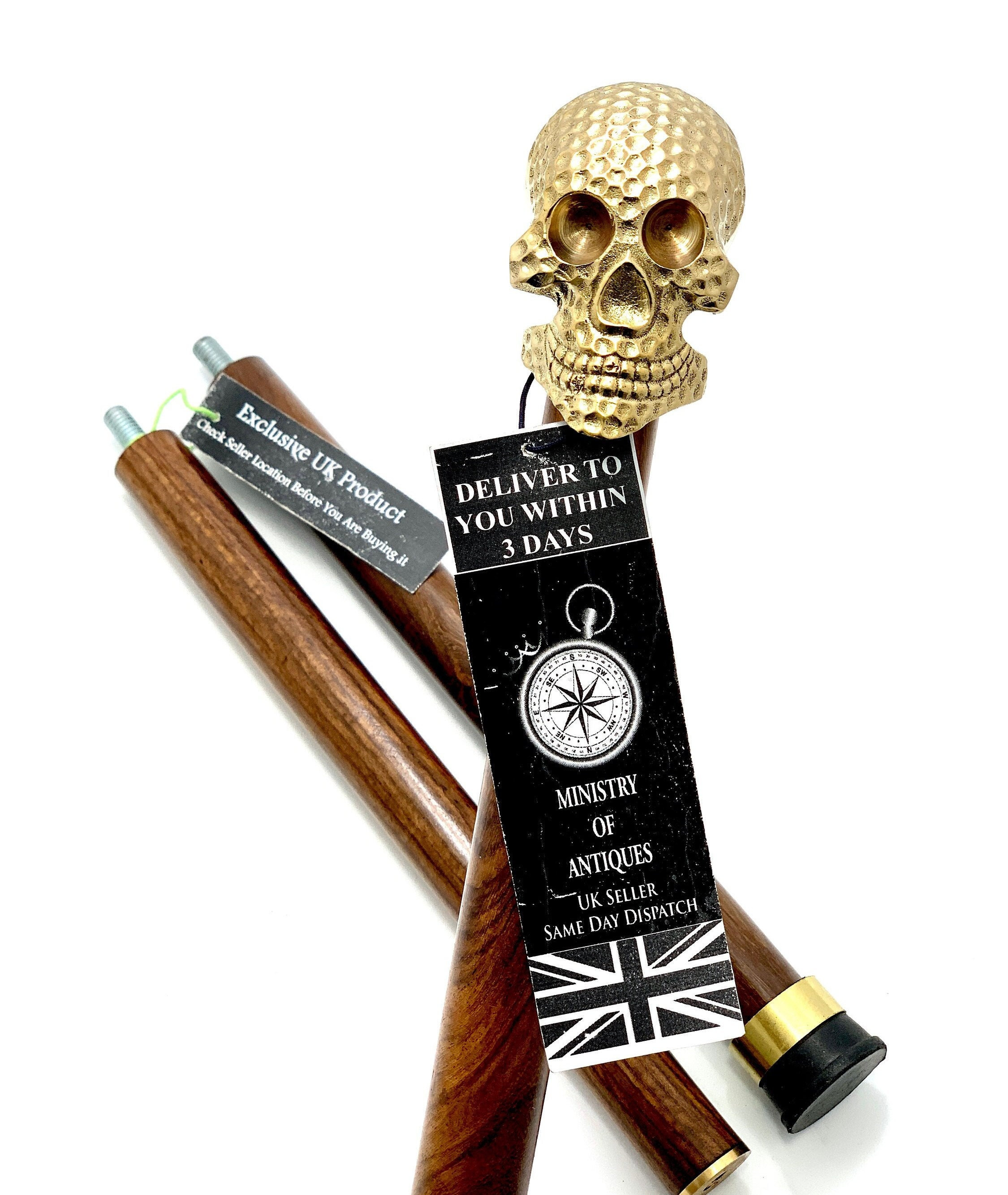 Skull Handle Solid Brass Stylish Hard Wood Folding Walking Cane Vintage Designer Walking Stick In ALL SIZES Gothic Style Handle Walking Cane
