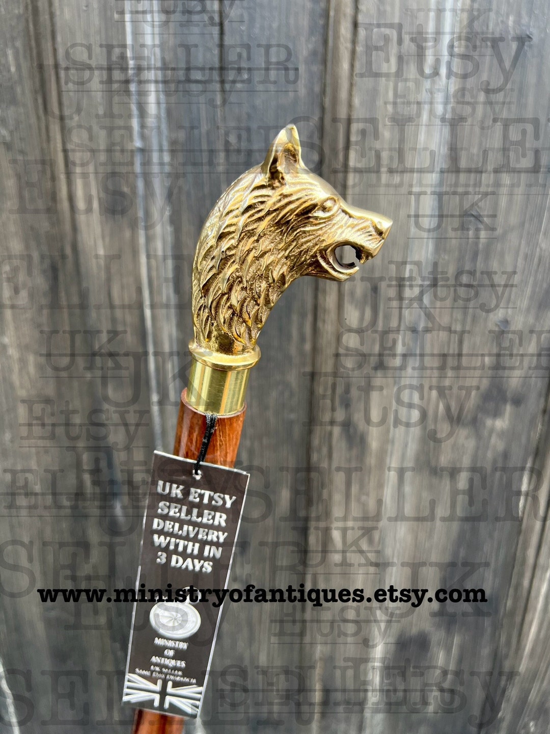 thumbnail image 2 of Antique Chrome Wolf Head Handle Wooden Inlay Cane - Victorian Style Walking Stick Gift 2 of 5