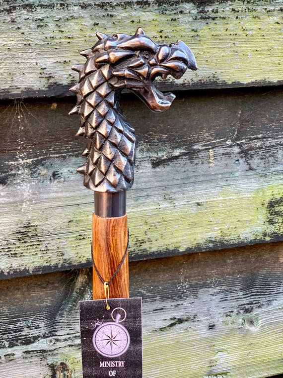 Antique Schwarz Drachenkopf für Gehstock Jahrgang Holzstange Griff 