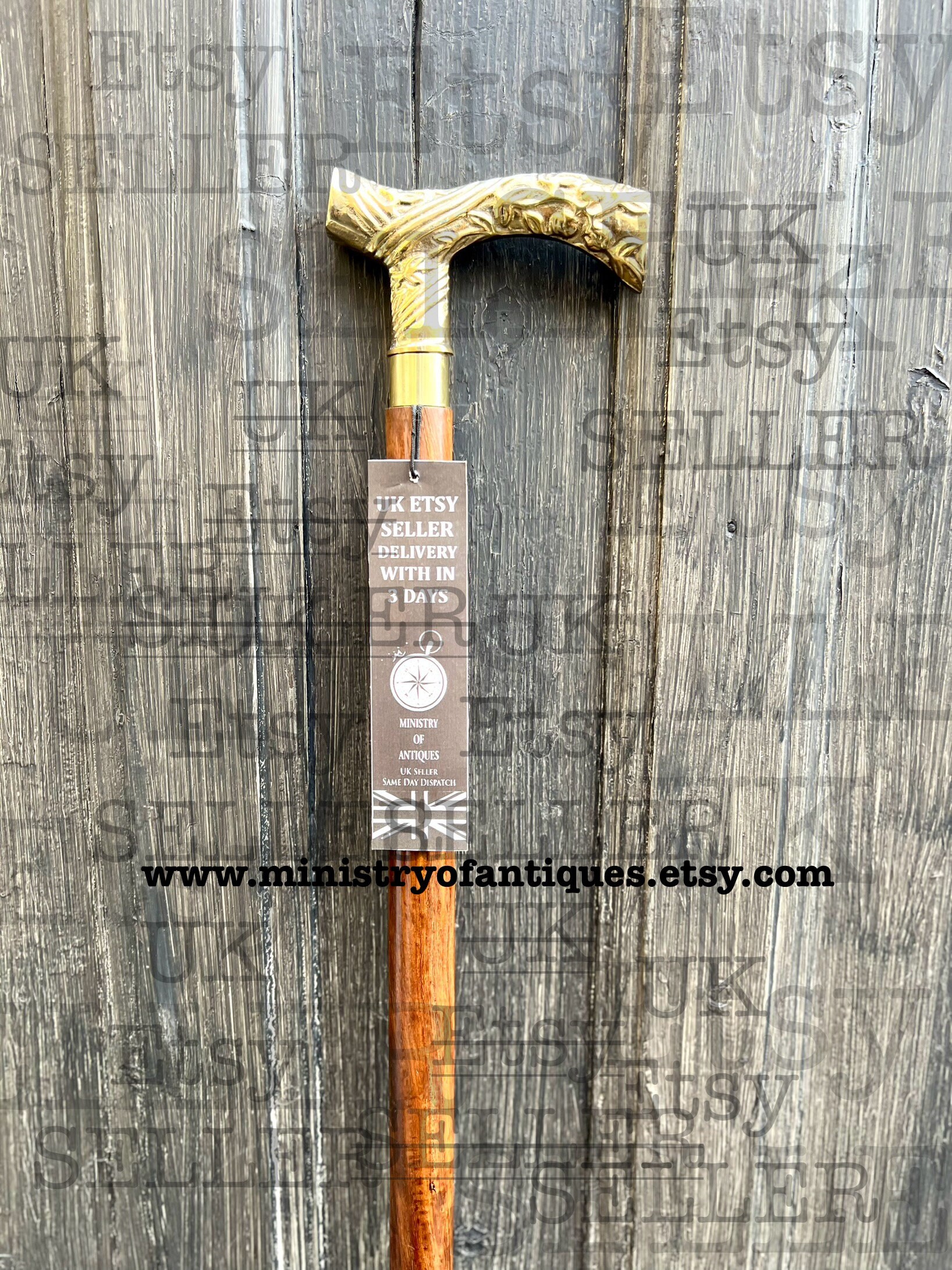 Bastone da passeggio decorativo con manico in ottone, in legno nero