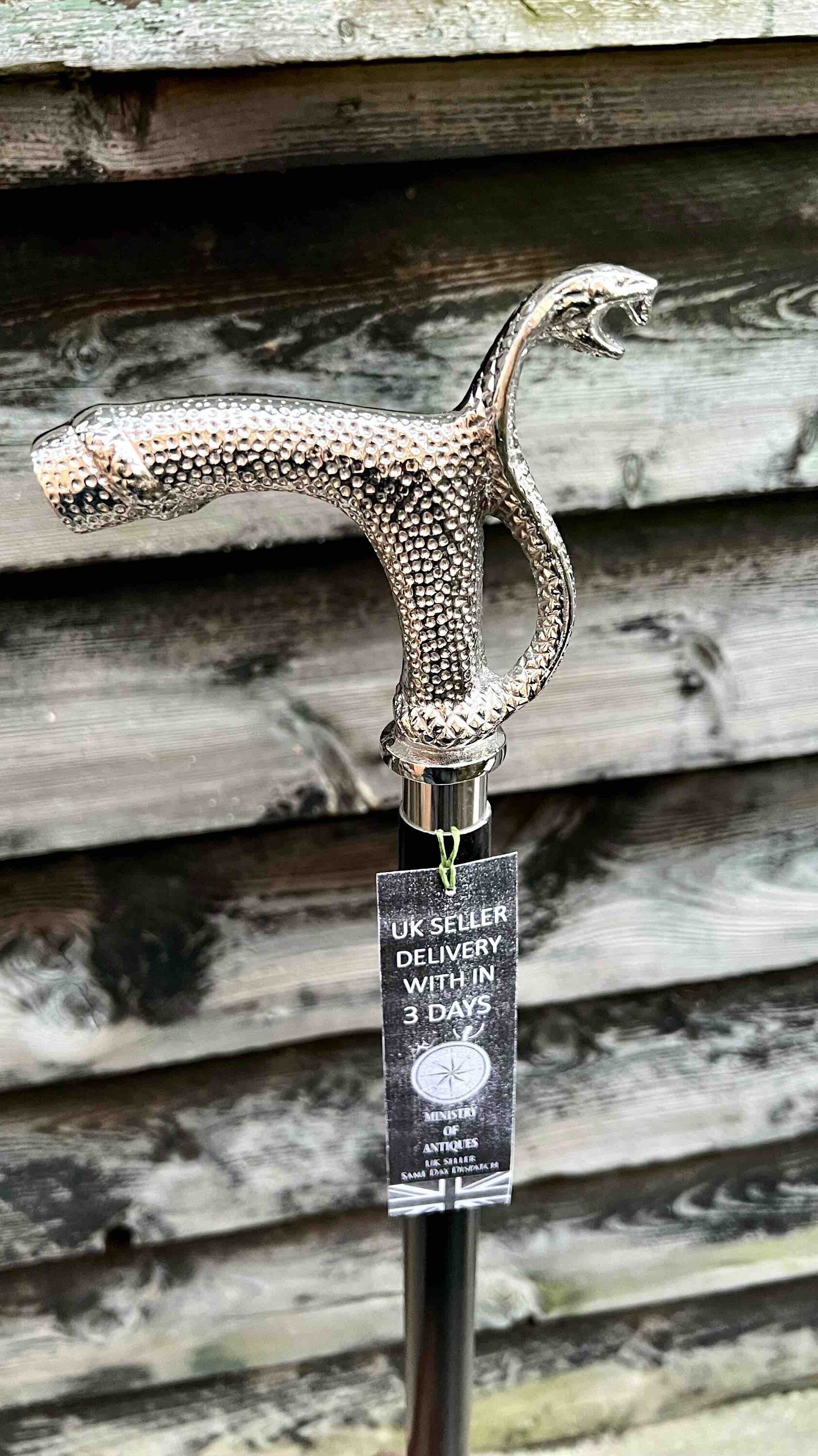 Unleash Your Inner Serpent with Our Silver Snake Handled Foldable Black Wooden Walking Stick - Adjustable for All Sizes- Cobra Handle Cane