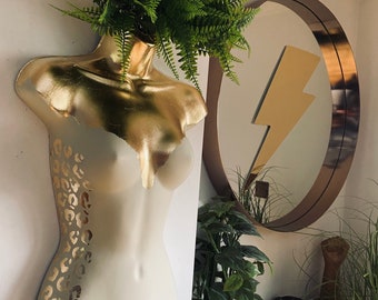 Female Boobie  Wall Torso Boobie Artificial Plant Holder Cream and Gold with Gold Leopard