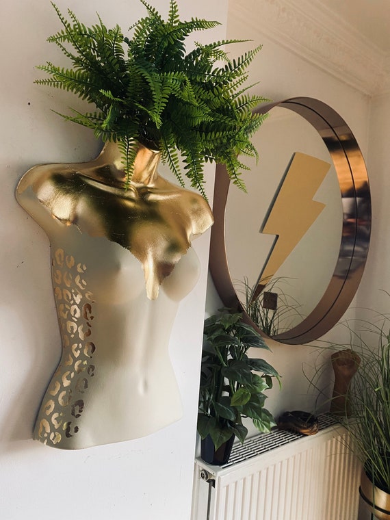 Female Boobie  Wall Torso Boobie Artificial Plant Holder Cream and Gold with Gold Leopard