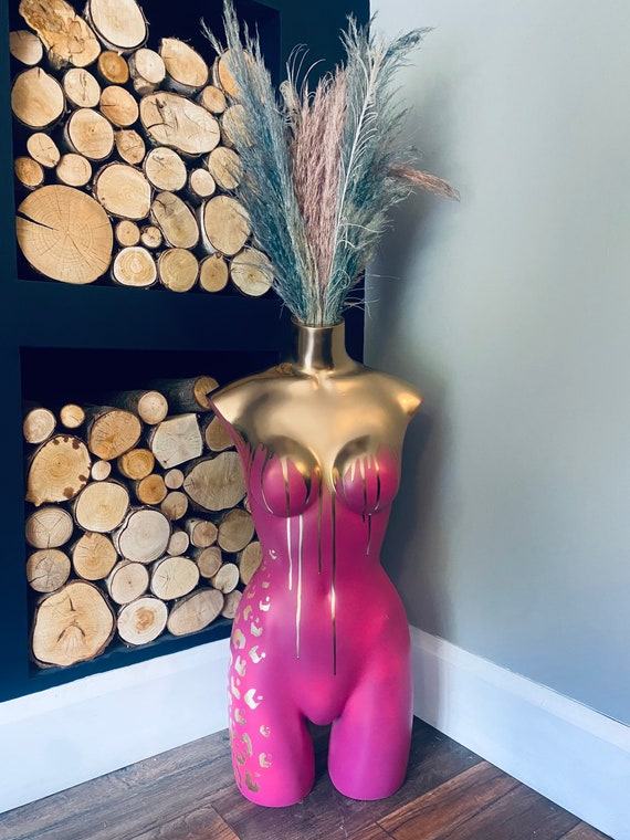 Boobie BOOBS Vase Planter LUX Range pink mix with mirror gold drips and gold leopard print  TALL floor vase