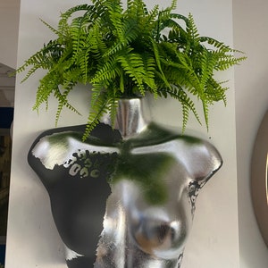 Female Wall Torso Boobie Artificial Plant Holder Dark Grey and Silver warrior with silver leopard