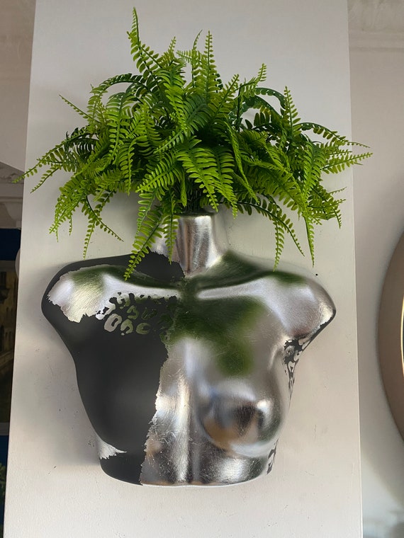 Female Wall Torso Boobie Artificial Plant Holder Dark Grey and Silver warrior with silver leopard