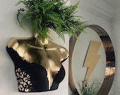 Female Wall Torso Boobie Artificial Plant Holder Black and Gold with gold leopard