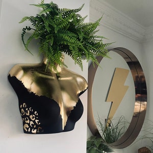 Female Wall Torso Boobie Artificial Plant Holder Black and Gold with gold leopard