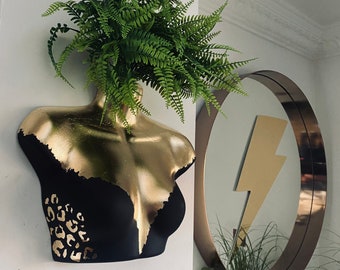 Female Wall Torso Boobie Artificial Plant Holder Black and Gold with gold leopard