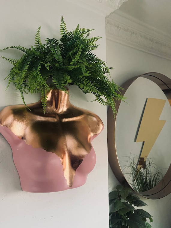Female Wall Torso Boobie Artificial Plant Holder Pink and Rose Gold