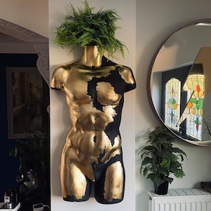 Male Wall Torso Boobie Artificial Plant Holder Warrior design with matt black and gold leaf