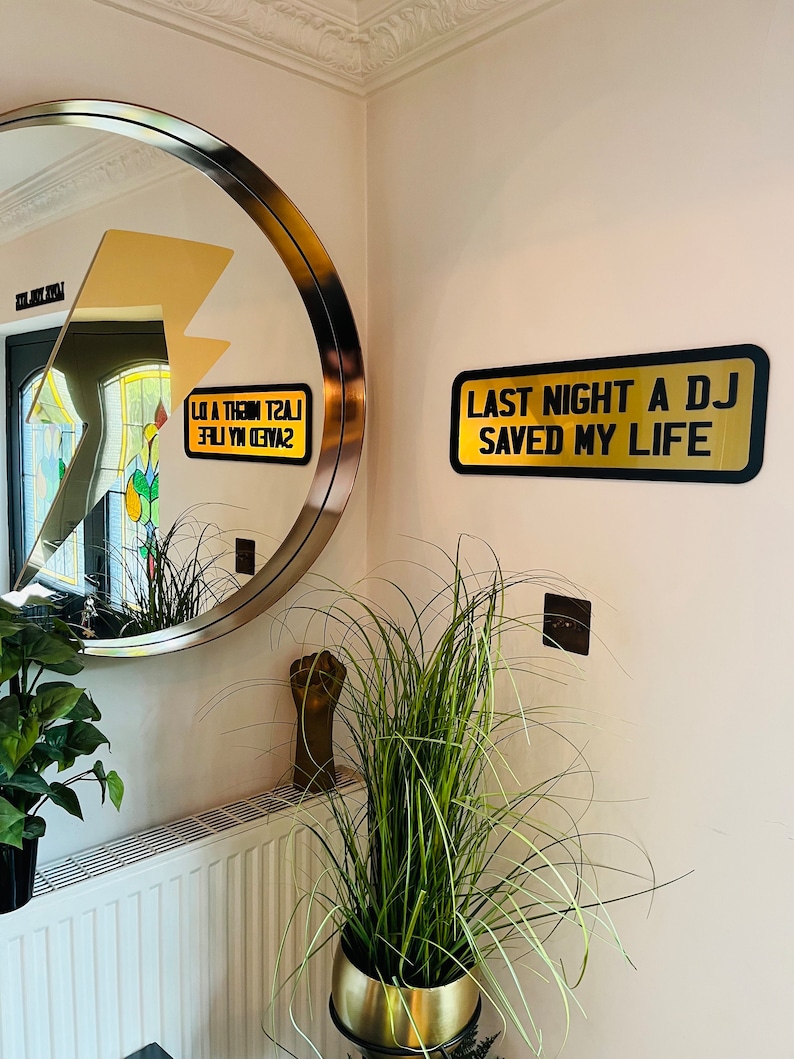 May include: A gold framed round mirror with a black and gold sign that reads "Last Night A DJ Saved My Life" hanging on a white wall. A potted green plant sits on a white radiator below the sign.