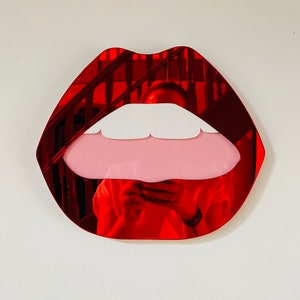 LARGE Red Lip Mirror with pink mouth  - Acrylic Mirror - Lip Decor - Red Lips