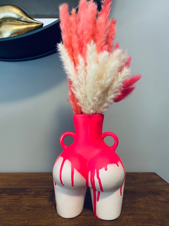 LARGE BOOTY vase - White with Neon Pink drips