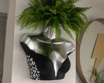 Female Wall Torso Boobie Artificial Plant Holder Black and Silver with silver leopard