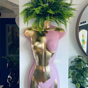 Female Wall Torso Boobie Artificial Plant Holder Warrior design with pink and gold leaf