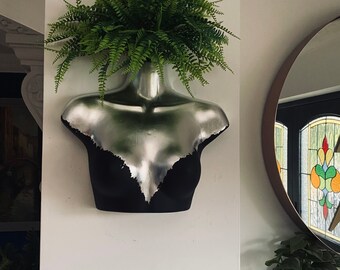 Female Wall Torso Boobie Artificial Plant Holder Black and Silver