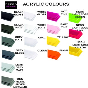 May include: A chart displaying acrylic colours with various finishes, such as gloss, matt, and neon light edge. The colours include black, white, grey, opal, yellow, orange, pink, and green.