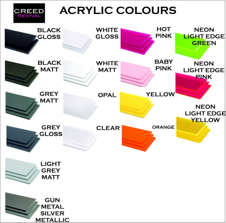 May include: A chart displaying acrylic colours with various finishes, such as gloss, matt, and neon light edge. The colours include black, white, grey, opal, yellow, orange, pink, and green.