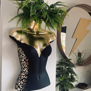 Female Boobie  Wall Torso Boobie Artificial Plant Holder Black and Gold with Gold Leopard