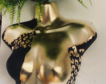 Female Wall Torso Boobie Artificial Plant Holder Black and Gold warrior with gold leopard