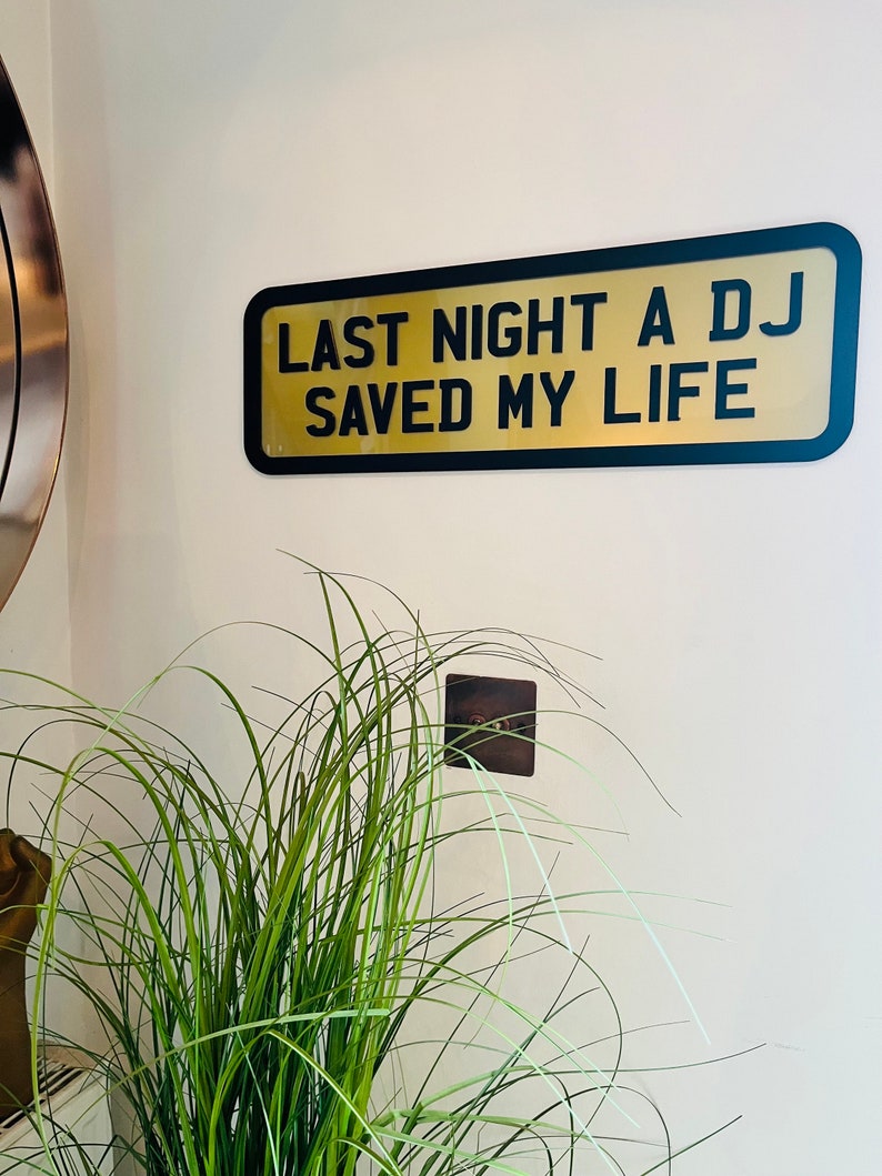 May include: A gold sign with black lettering that reads "Last Night A DJ Saved My Life" hanging on a white wall. A green plant is in the foreground.