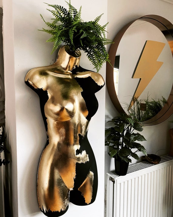 Female Wall Torso Boobie Artificial Plant Holder Warrior design with matt black and gold leaf