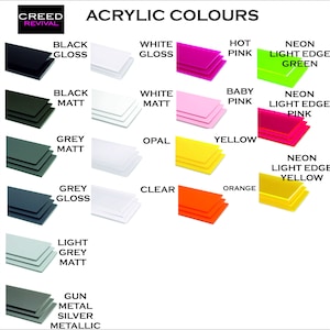 May include: A chart showing acrylic colors with different finishes, including gloss, matt, and neon light edge. The colors include black, white, grey, opal, yellow, orange, pink, and green.