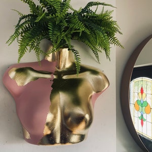 May include: A gold and pink torso planter with a green fern plant growing out of the top.