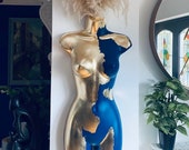 Female Wall Torso Boobie Artificial Plant Holder Warrior design with blue and gold leaf