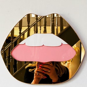 LARGE Gold Lip Mirror - Acrylic Mirror - Lip Decor - Gold lips with pink