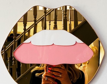 Glamorous Large Gold Lip Mirror - Statement Lip Decor - Acrylic Wall Art