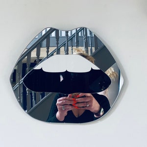LARGE Silver Lip Mirror - Acrylic Mirror - Lip Decor - Silver lips with black
