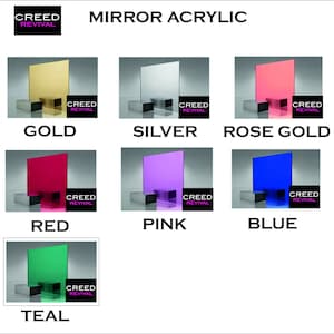May include: A display of acrylic mirror sheets in various colors, including gold, silver, rose gold, red, pink, blue, and teal. Each sheet is mounted on a black stand with a small logo that reads "CREED REVIVAL".