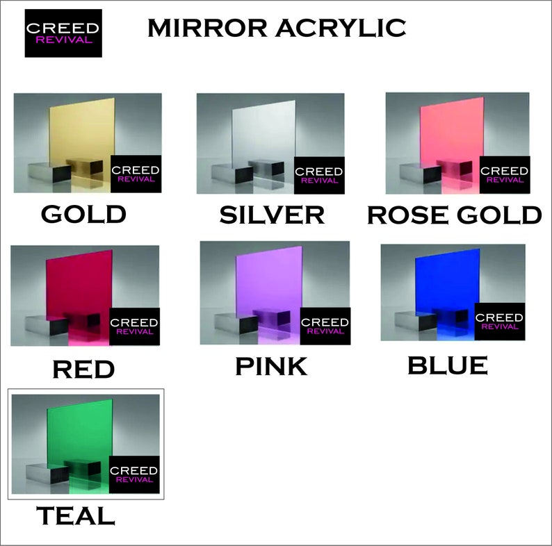 May include: A display of acrylic mirror sheets in various colors, including gold, silver, rose gold, red, pink, blue, and teal. Each sheet is mounted on a black stand with a small logo that reads "CREED REVIVAL".