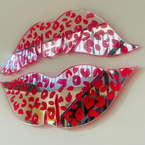 Silver mirror acrylic lips with neon pink leopard print  - Acrylic - Lip Decor - Wall decor - wall lips
