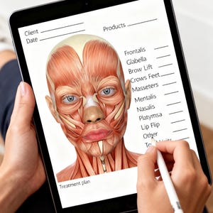 May include: A digital tablet displaying a detailed anatomical illustration of facial muscles. The image includes a treatment plan form with labels like "Frontalis" and "Glabella." A stylus is held over the screen, suggesting note-taking or planning.