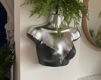 Female Wall Torso Boobie Artificial Plant Holder Grey and Silver