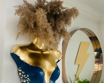 Female Wall Torso Boobie Artificial Plant Holder Blue and Gold with gold leopard