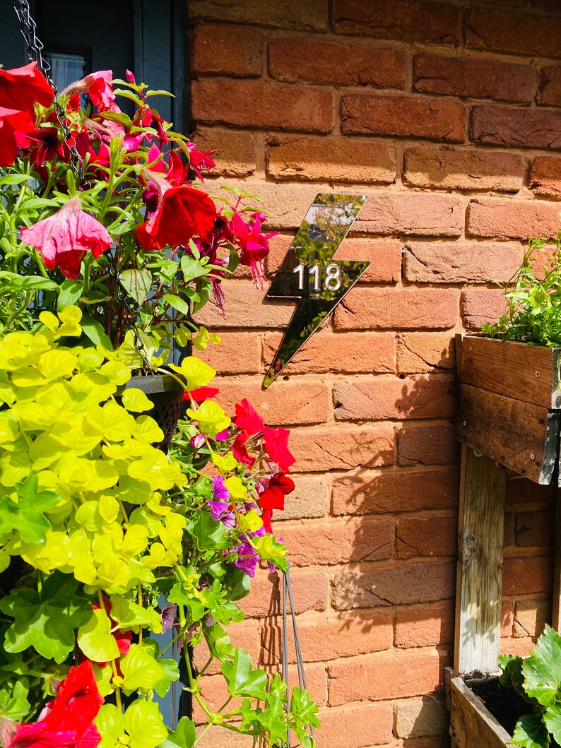 May include: A black mirror lightning bolt house number sign with the number 118 etched in white. The sign is mounted on a brick wall.