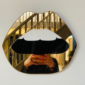 LARGE Gold Lip Mirror - Acrylic Mirror - Lip Decor - Gold lips with black