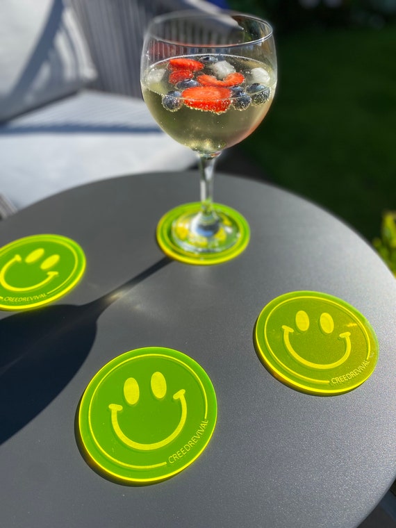 Acrylic COASTERS, 4 pack - NEON yellow, smiley face