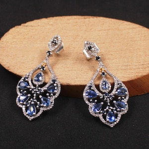 Blue Sapphire Earrings with Pave Diamonds in 925 Sterling Silver, Diamonds Earrings for Wife, Bridesmaid Gifts, Birthstone Gold Jewelry