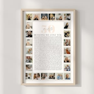 May include: A framed print with a light wood frame. The print features a central text that reads "Reasons We Love You" with a name above it. Surrounding the text are small photographs. The background is white.