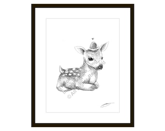 May include: A black and white framed pencil drawing of a fawn. The fawn is sitting down with a small hat and a heart above its head. The drawing is detailed with shading and texture, creating a realistic depiction of the animal.