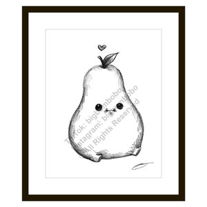 Pera pequeña gorda - Ilustración de boceto - Impresión artística de fruta en blanco y negro de 8,5 x 11