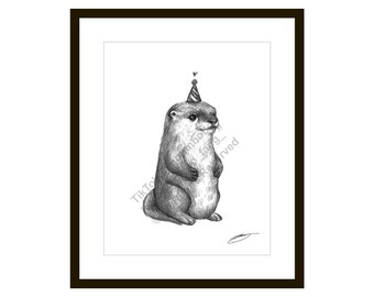 Fat Little Otter - Sketch Illustration - 8.5 x 11 Black and White Animal Art Print
