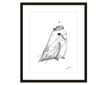 Peut inclure: Un dessin au crayon noir et blanc d'un petit oiseau portant un chapeau de pirate avec un crâne et des os croisés. L'oiseau est perché sur une branche, les ailes repliées. Le dessin est encadré dans un cadre noir.