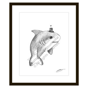 Fat Little Shark - Sketch Illustration - 8.5 x 11 Black and White Animal Art Print